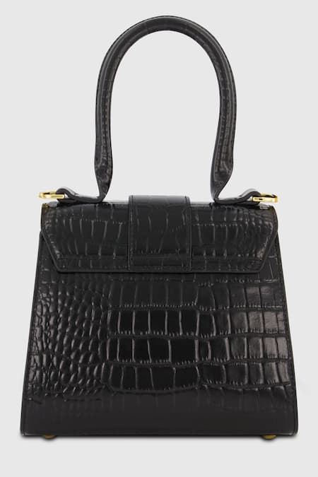 Shop Mac Duggal Black Leather Crocodile Embossed Top Handle Mini Bag at Aza Fashions Shop_Mac Duggal_Black Leather Crocodile Embossed Top Handle Mini Bag _at_Aza_Fashions