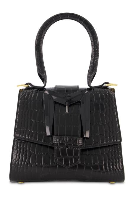 Mac Duggal Black Leather Crocodile Embossed Top Handle Mini Bag Online at Aza Fashions Mac Duggal_Black Leather Crocodile Embossed Top Handle Mini Bag _Online_at_Aza_Fashions