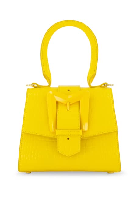 Mac Duggal_Yellow Leather Embossed Top Handle Mini Bag _Online_at_Aza_Fashions