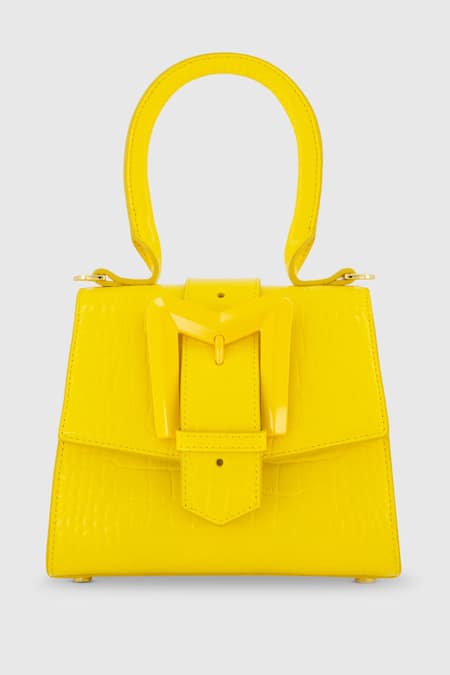 Buy_Mac Duggal_Yellow Leather Embossed Top Handle Mini Bag _Online_at_Aza_Fashions