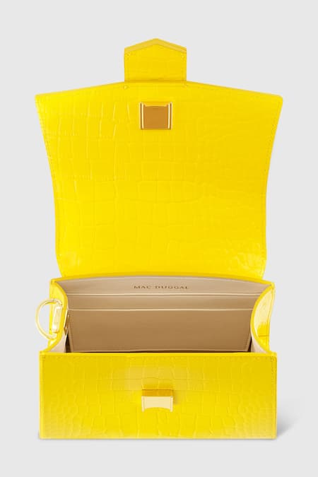 Mac Duggal_Yellow Leather Embossed Top Handle Mini Bag _at_Aza_Fashions