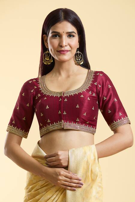 Samyukta Singhania_Maroon Silk Embroidery Round Neck Ditsy Flora Blouse _Online_at_Aza_Fashions