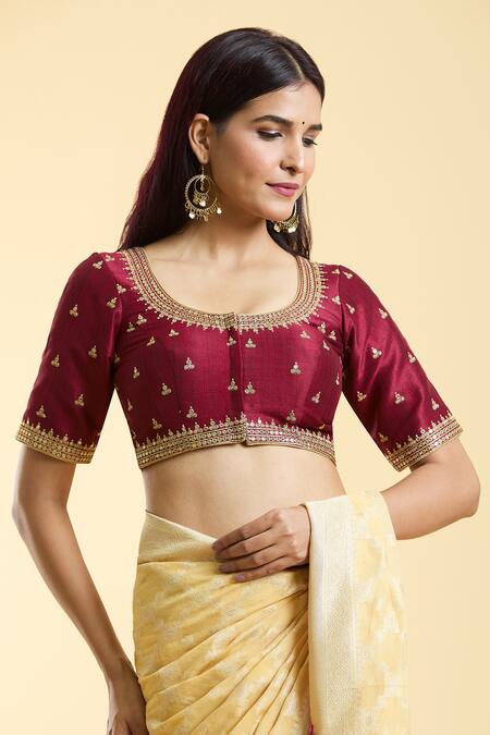 Buy_Samyukta Singhania_Maroon Silk Embroidery Round Neck Ditsy Flora Blouse _Online_at_Aza_Fashions