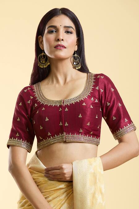 Shop_Samyukta Singhania_Maroon Silk Embroidery Round Neck Ditsy Flora Blouse _Online_at_Aza_Fashions
