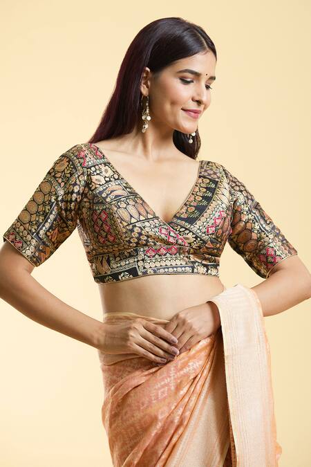 Samyukta Singhania_Black Brocade Embroidery V-neck Paisley Garden Woven Blouse _at_Aza_Fashions