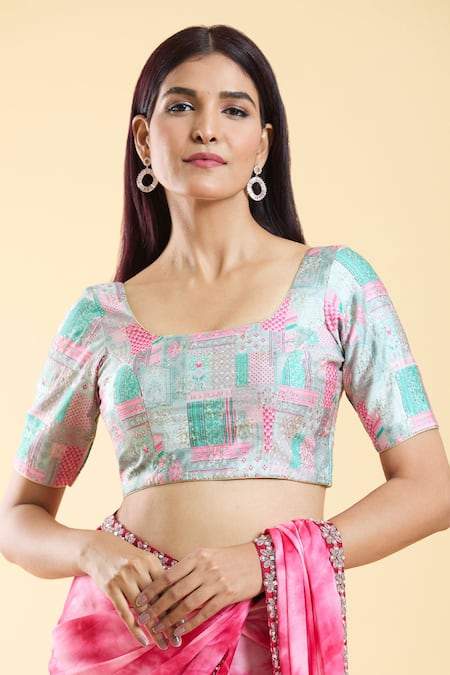 Nazaakat by Samara Singh Grey Silk Blend Printed Patch Round Sequin Highlighted Blouse