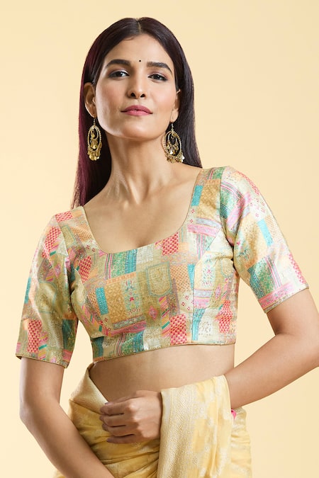 Nazaakat by Samara Singh Gold Silk Blend Printed Patch Round Blouse