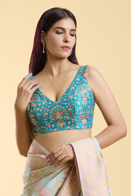 Shop_Naintara Bajaj_Blue Silk Embroidery Plunge Neck Resham Detailed Blouse _Online_at_Aza_Fashions