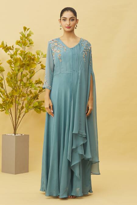 Samyukta Singhania_Grey Viscose, Chiffon Cut Work, Sequins, Embroidery Cutdana Side Drape Gown_at_Aza_Fashions