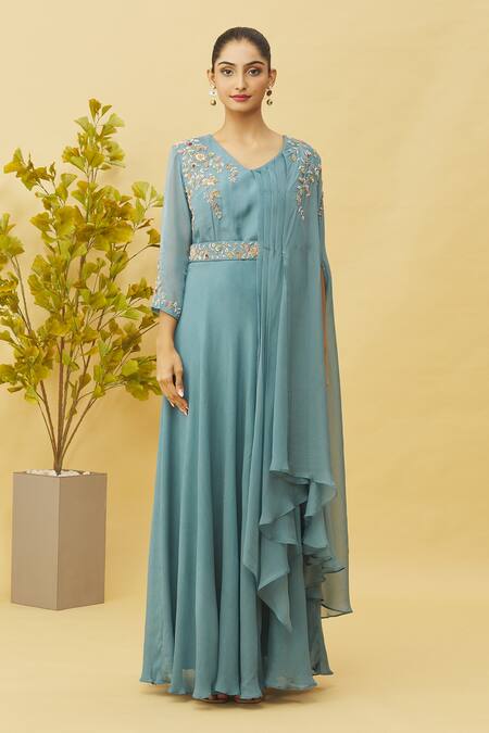 Samyukta Singhania_Grey Viscose, Chiffon Cut Work, Sequins, Embroidery Cutdana Side Drape Gown_Online_at_Aza_Fashions