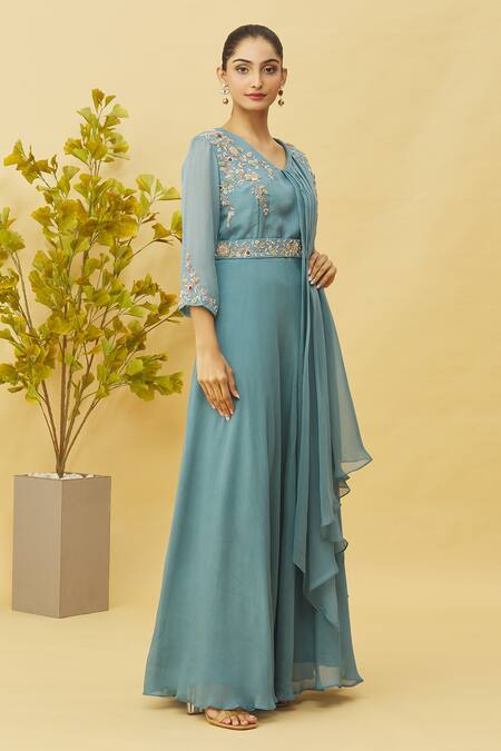 Buy_Samyukta Singhania_Grey Viscose, Chiffon Cut Work, Sequins, Embroidery Cutdana Side Drape Gown_Online_at_Aza_Fashions