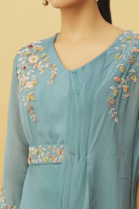 Shop_Samyukta Singhania_Grey Viscose, Chiffon Cut Work, Sequins, Embroidery Cutdana Side Drape Gown_Online_at_Aza_Fashions