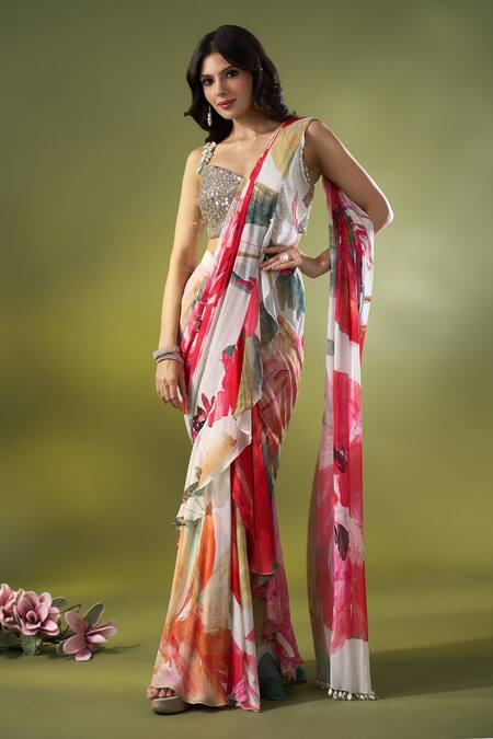 Basanti - Kapde Aur Koffee x AZA Multi Color Georgette Printed Garden Sweetheart Pre-draped Saree With Blouse