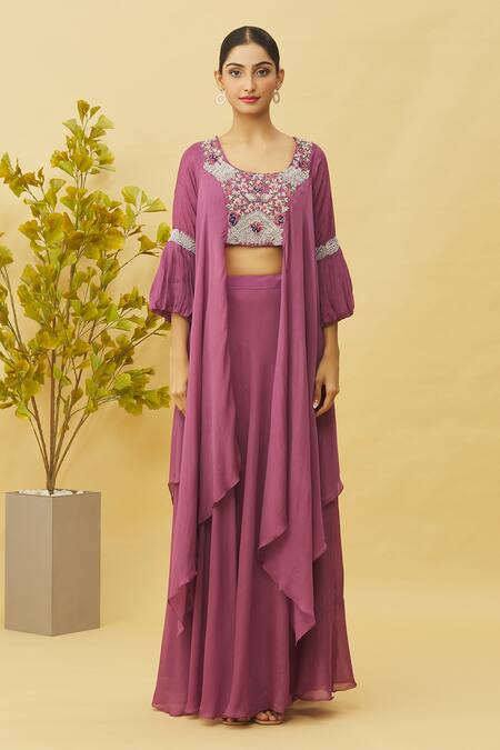 Buy Samyukta Singhania Purple Chiffon Zardozi Embellished Asymmetric Hem Blouse With Lehenga Buy_Samyukta Singhania_Purple Chiffon Zardozi Embellished Asymmetric Hem Blouse With Lehenga