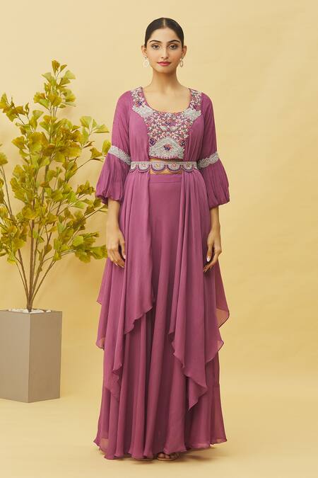 Buy Samyukta Singhania Purple Chiffon Zardozi Embellished Asymmetric Hem Blouse With Lehenga Online at Aza Fashions Buy_Samyukta Singhania_Purple Chiffon Zardozi Embellished Asymmetric Hem Blouse With Lehenga_Online_at_Aza_Fashions