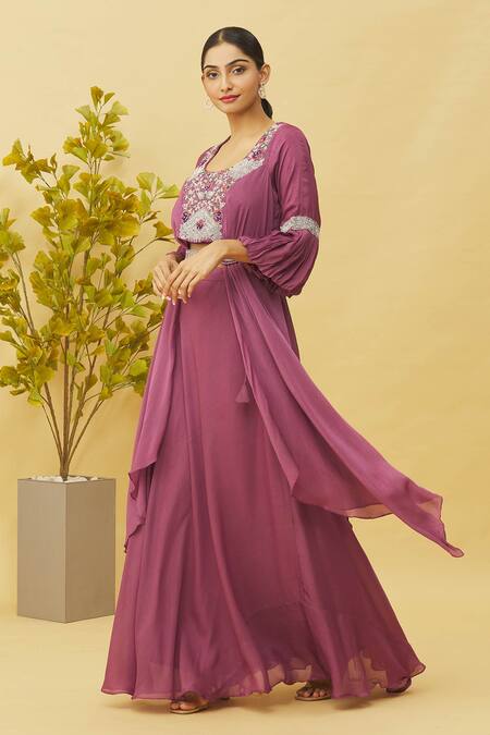 Shop Samyukta Singhania Purple Chiffon Zardozi Embellished Asymmetric Hem Blouse With Lehenga Online at Aza Fashions Shop_Samyukta Singhania_Purple Chiffon Zardozi Embellished Asymmetric Hem Blouse With Lehenga_Online_at_Aza_Fashions