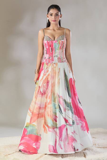 Basanti - Kapde Aur Koffee_Multi Color Georgette Mirrors, Sequins, Botanical Print Pleated Lehenga Set_Online_at_Aza_Fashions