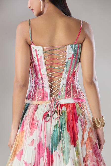 Buy_Basanti - Kapde Aur Koffee_Multi Color Georgette Mirrors, Sequins, Botanical Print Pleated Lehenga Set_Online_at_Aza_Fashions