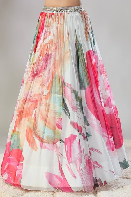 Shop_Basanti - Kapde Aur Koffee_Multi Color Georgette Mirrors, Sequins, Botanical Print Pleated Lehenga Set_Online_at_Aza_Fashions