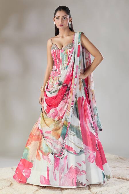 Basanti - Kapde Aur Koffee_Multi Color Georgette Mirrors, Sequins, Botanical Print Pleated Lehenga Set_at_Aza_Fashions