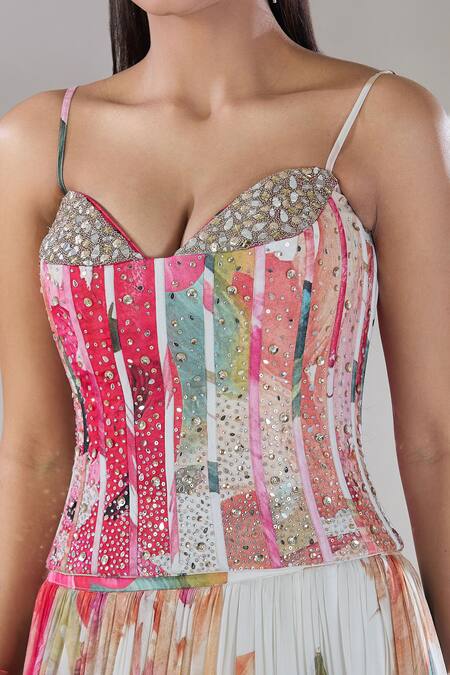 Buy_Basanti - Kapde Aur Koffee_Multi Color Georgette Mirrors, Sequins, Botanical Print Pleated Lehenga Set