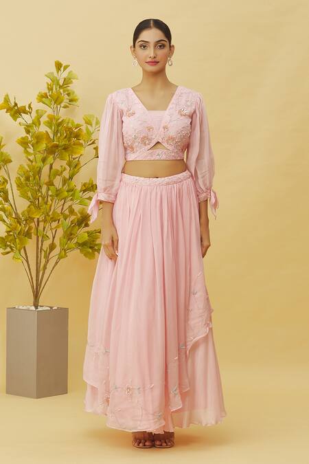 Samyukta Singhania_Pink Viscose, Organza Embroidery, Flower Embellished Blouse Layered Lehenga Set_at_Aza_Fashions