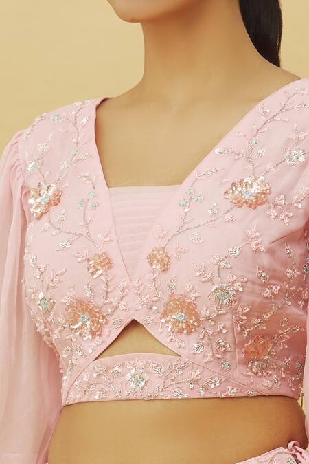 Samyukta Singhania_Pink Viscose, Organza Embroidery, Flower Embellished Blouse Layered Lehenga Set_Online_at_Aza_Fashions