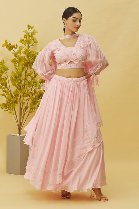 Buy_Samyukta Singhania_Pink Viscose, Organza Embroidery, Flower Embellished Blouse Layered Lehenga Set_Online_at_Aza_Fashions