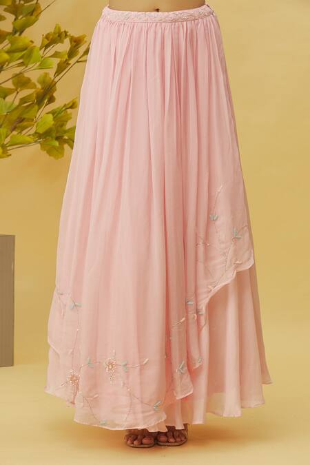 Shop_Samyukta Singhania_Pink Viscose, Organza Embroidery, Flower Embellished Blouse Layered Lehenga Set_Online_at_Aza_Fashions
