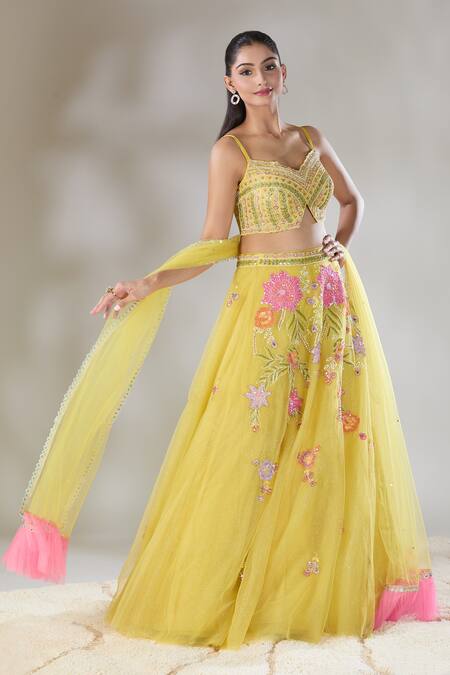 Shop Basanti - Kapde Aur Koffee Yellow Organza Sequins, Mirrors, Cut Work Floral Embroidered Lehenga Set Online at Aza Fashions Shop_Basanti - Kapde Aur Koffee_Yellow Organza Sequins, Mirrors, Cut Work Floral Embroidered Lehenga Set_Online_at_Aza_Fashions