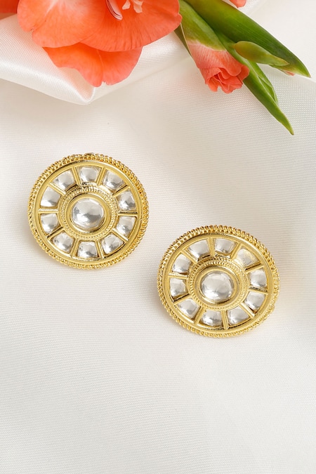 Shop Ruby Raang Gold Plated Diamonds, Stones Kundan Embellished Studs at Aza Fashions Shop_Ruby Raang_Gold Plated Diamonds, Stones Kundan Embellished Studs _at_Aza_Fashions