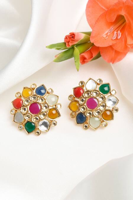 Shop Ruby Raang Multi Color Diamonds, Stones Floral Kundan Stud Earrings at Aza Fashions Shop_Ruby Raang_Multi Color Diamonds, Stones Floral Kundan Stud Earrings_at_Aza_Fashions