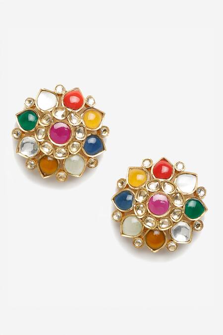 Ruby Raang Multi Color Diamonds, Stones Floral Kundan Stud Earrings Online at Aza Fashions Ruby Raang_Multi Color Diamonds, Stones Floral Kundan Stud Earrings_Online_at_Aza_Fashions
