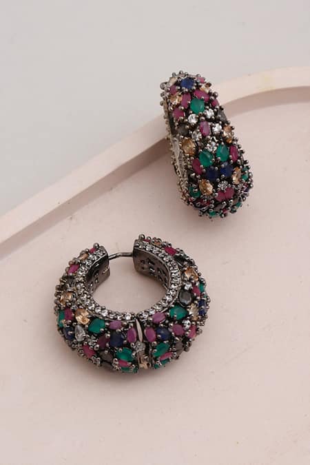 Shop Ruby Raang Multi Color Stones Embellished Hoops at Aza Fashions Shop_Ruby Raang_Multi Color Stones Embellished Hoops _at_Aza_Fashions