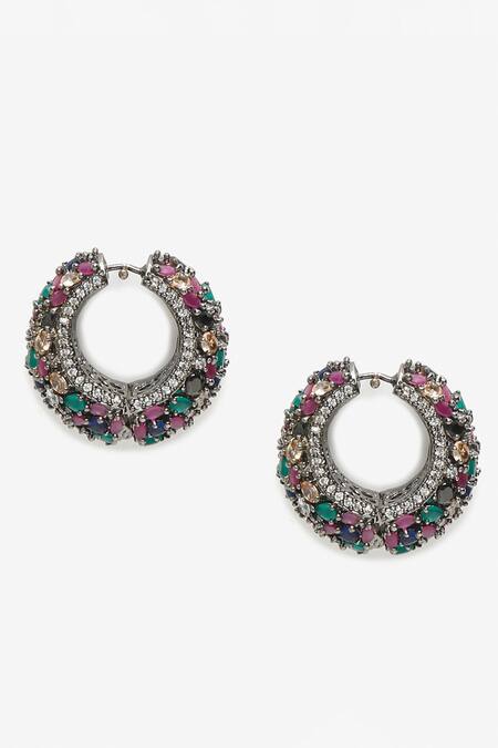 Buy Ruby Raang Multi Color Stones Embellished Hoops Online at Aza Fashions Buy_Ruby Raang_Multi Color Stones Embellished Hoops _Online_at_Aza_Fashions