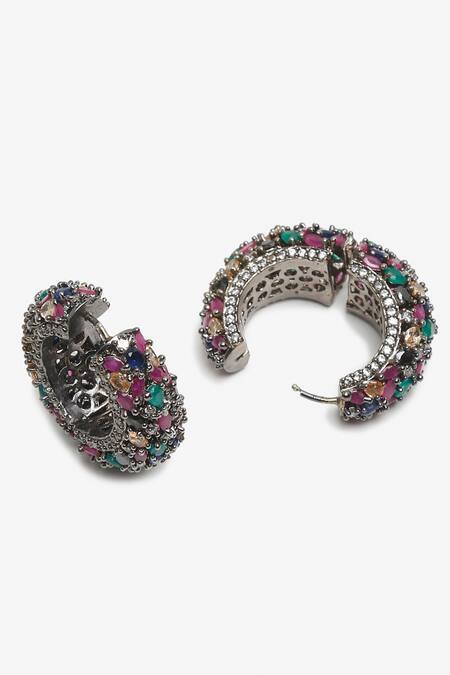 Shop Ruby Raang Multi Color Stones Embellished Hoops Online at Aza Fashions Shop_Ruby Raang_Multi Color Stones Embellished Hoops _Online_at_Aza_Fashions