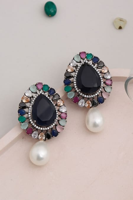Shop Ruby Raang Multi Color Stones, Beads Embellished Tear Drop Earrings at Aza Fashions Shop_Ruby Raang_Multi Color Stones, Beads Embellished Tear Drop Earrings_at_Aza_Fashions