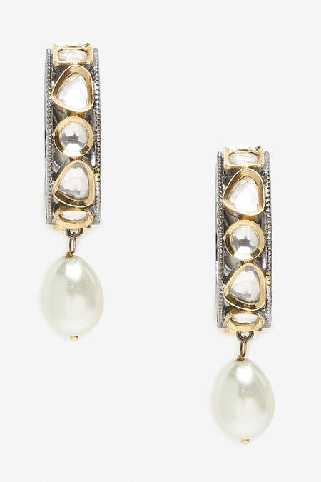 Ruby Raang_Silver Plated Pearls Kundan Embellished Cutwork Hoops_Online_at_Aza_Fashions