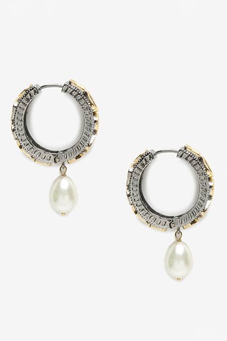 Buy_Ruby Raang_Silver Plated Pearls Kundan Embellished Cutwork Hoops_Online_at_Aza_Fashions