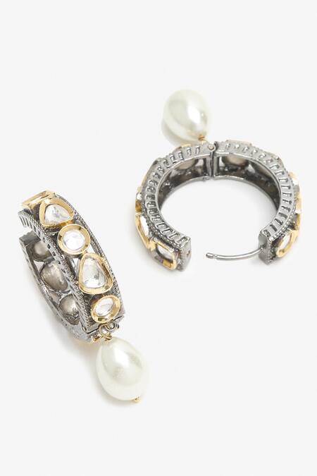 Shop_Ruby Raang_Silver Plated Pearls Kundan Embellished Cutwork Hoops_Online_at_Aza_Fashions