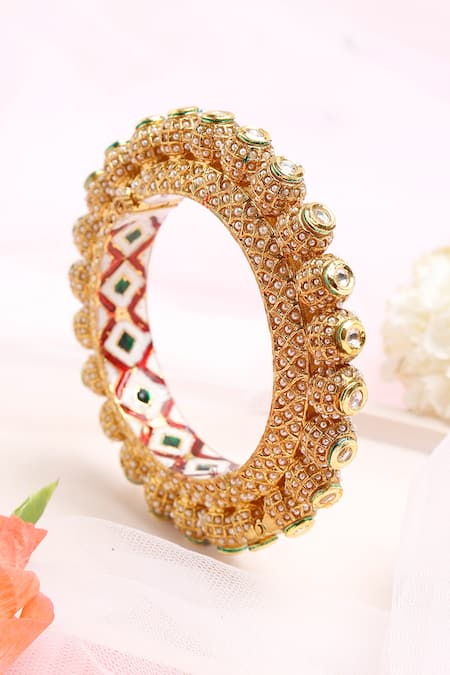 Shop_Ruby Raang_Gold Plated Pearls, Stones Embellished Bangle _at_Aza_Fashions