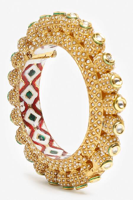 Shop_Ruby Raang_Gold Plated Pearls, Stones Embellished Bangle _Online_at_Aza_Fashions
