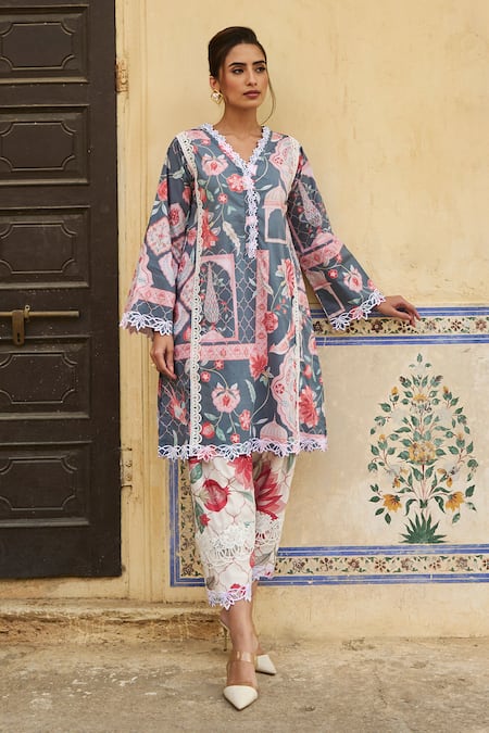 Shop Sage Saga Grey Chanderi, Linen Lace, Embroidery V-neck Floral Print Kurta Salwar Set Shop_Sage Saga_Grey Chanderi, Linen Lace, Embroidery V-neck Floral Print Kurta Salwar Set