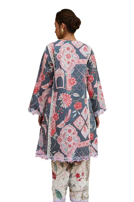 Sage Saga_Grey Lawn Cotton Printed Floral V Neck Kurta _Online_at_Aza_Fashions