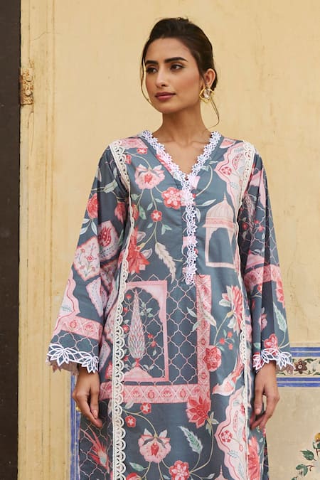 Buy_Sage Saga_Grey Lawn Cotton Printed Floral V Neck Kurta _Online_at_Aza_Fashions