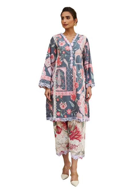Shop_Sage Saga_Grey Lawn Cotton Printed Floral V Neck Kurta _Online_at_Aza_Fashions