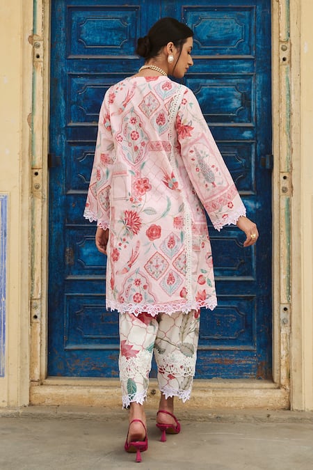 Shop Sage Saga Pink Chanderi, V-neck Floral Print Straight Kurta Set at Aza Fashions Shop_Sage Saga_Pink Chanderi, V-neck Floral Print Straight Kurta Set _at_Aza_Fashions