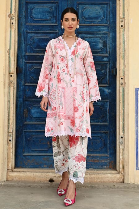 Sage Saga_Pink Chanderi, V-neck Floral Print Straight Kurta Set _Online_at_Aza_Fashions