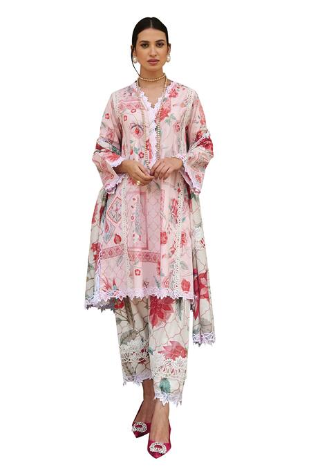 Shop Sage Saga Pink Chanderi, V-neck Floral Print Straight Kurta Set Online at Aza Fashions Shop_Sage Saga_Pink Chanderi, V-neck Floral Print Straight Kurta Set _Online_at_Aza_Fashions