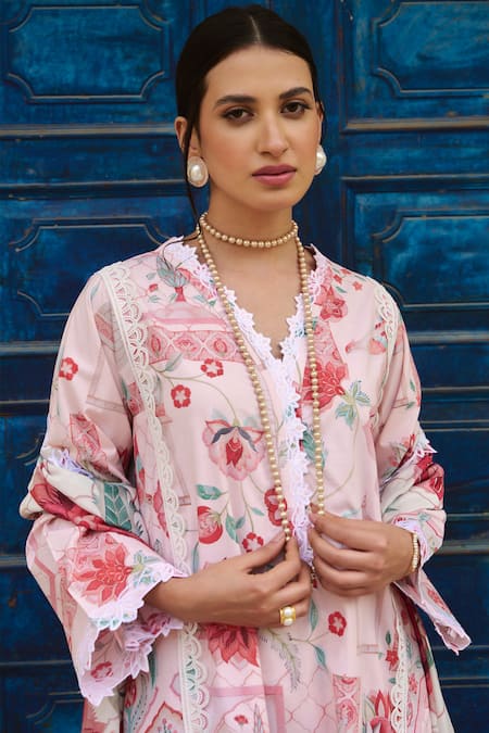 Buy Sage Saga Pink Chanderi, V-neck Floral Print Straight Kurta Set Buy_Sage Saga_Pink Chanderi, V-neck Floral Print Straight Kurta Set